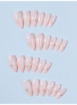 24 Pcs Press on Nails Medium Almond, Nude Pink Fake Nails with Gold Star & Dot Design, Glossy Acrylic Nails, DIY Manicure Kit with Nail File and Glue, Reusable Stick on for Women - view 2