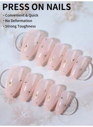 24 Pcs Press on Nails Medium Almond, Nude Pink Fake Nails with Gold Star & Dot Design, Glossy Acrylic Nails, DIY Manicure Kit with Nail File and Glue, Reusable Stick on for Women - view 3