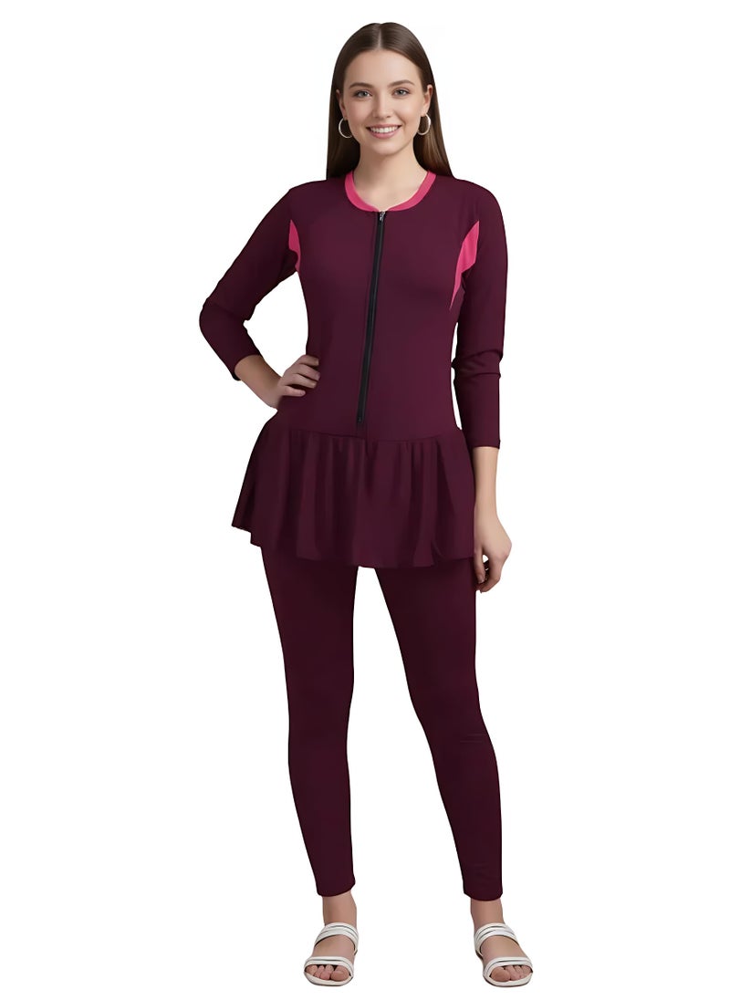 N-Gal Women Full Length Padded One Piece Swimming Costume|Swimsuit Set for Women|Wine|M - Image 1