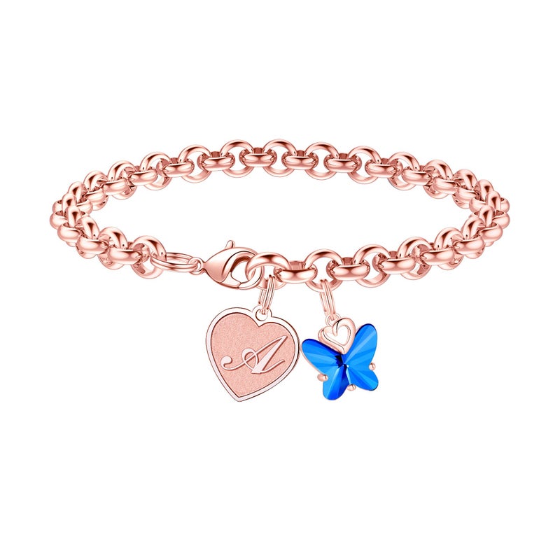 IEFWELL Initial Bracelets for Women Girls - Crystal Butterfly Bracelet for Womens Trendy Letter A Heart Initial Bracelet Rose Gold Bracelets Dainty Small Jewelry Gifts for Women - Image 1