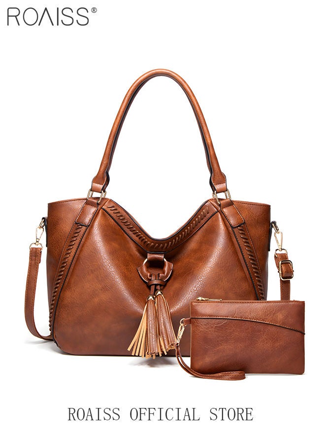roaiss Large Crossbody Bags Ladies Shoulder Handbags Purse Set for Women Hobo Totes PU Leather Purses and Handbags Shoulder Bag Tote Brown  - Image 1