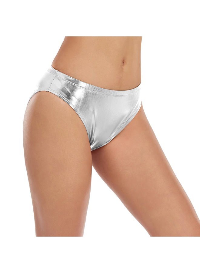Kepblom Women Shiny Metallic Panty Briefs High Cut Ballet Dance Underwear Shorts, Silver, M - Image 3