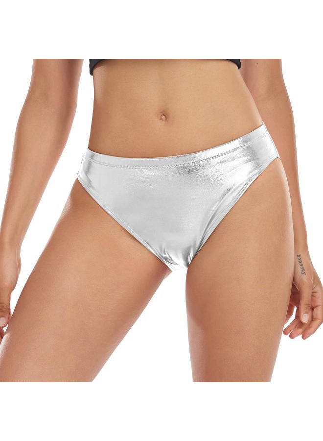 Kepblom Women Shiny Metallic Panty Briefs High Cut Ballet Dance Underwear Shorts, Silver, M - Image 4