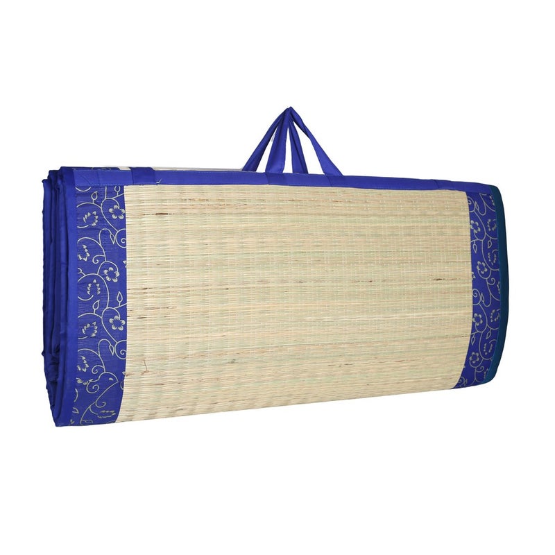 KALA DARSHAN CRAFTS BAZAAR KALA DARSHAN CRAFTS BAZAAR Foldable korai Grass Chatai 182 X 182 CM with 15MM Thickness Hand Made Blue Butter Satin  - Image 1