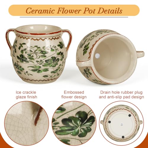 BUYMAX Ceramic Plant Pots for Indoor Plants with Drainage Hole, Vintage Crackle Glaze Hand-Painted Green Flower Planter with Handles, Rustic Decorative Hanging Planter - Image 4