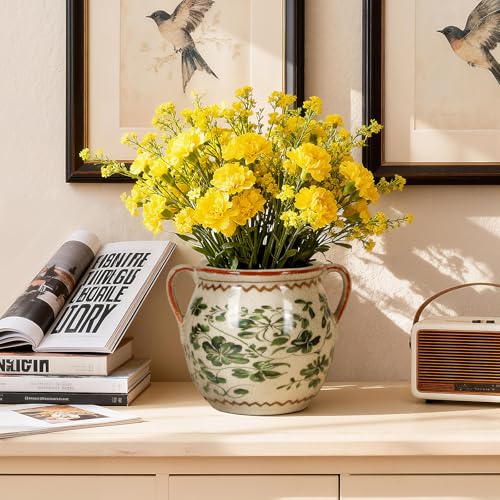 BUYMAX Ceramic Plant Pots for Indoor Plants with Drainage Hole, Vintage Crackle Glaze Hand-Painted Green Flower Planter with Handles, Rustic Decorative Hanging Planter - Image 2