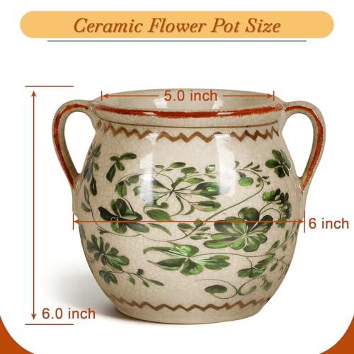 BUYMAX Ceramic Plant Pots for Indoor Plants with Drainage Hole, Vintage Crackle Glaze Hand-Painted Green Flower Planter with Handles, Rustic Decorative Hanging Planter - Image 5