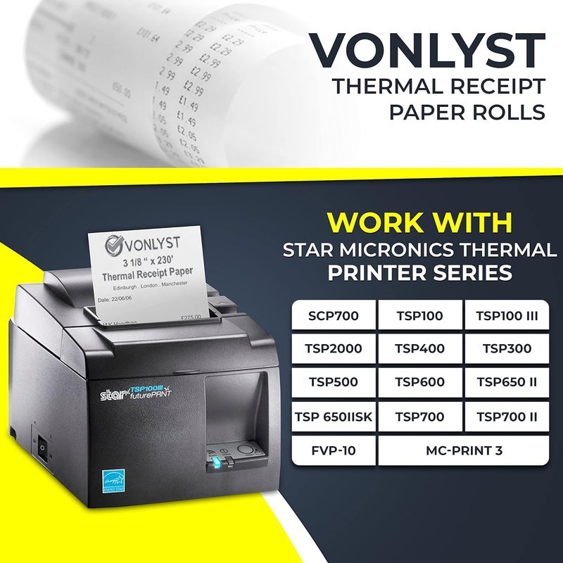Vonlyst Receipt Paper Roll 3 1/8 x 230 for Square Register and Square POS System connected to Star Micronics Thermal Printer (Pack 12 rolls) - Image 2