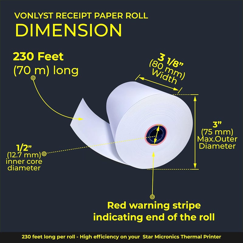 Vonlyst Receipt Paper Roll 3 1/8 x 230 for Square Register and Square POS System connected to Star Micronics Thermal Printer (Pack 12 rolls) - Image 3