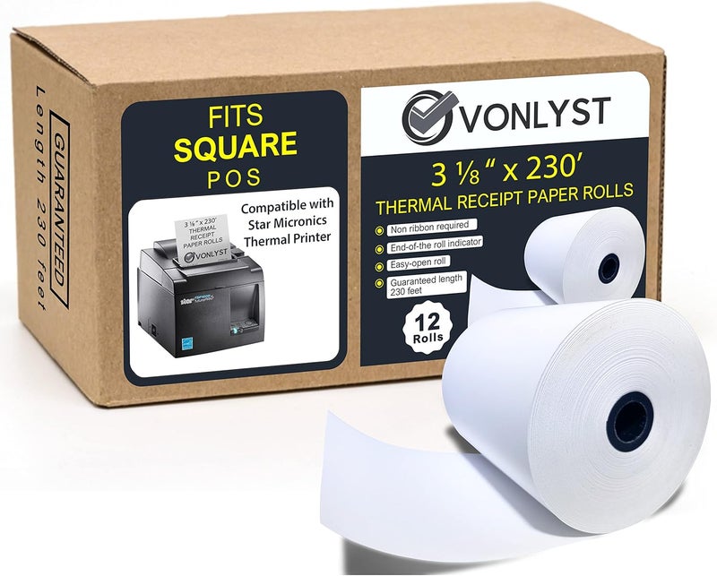 Vonlyst Receipt Paper Roll 3 1/8 x 230 for Square Register and Square POS System connected to Star Micronics Thermal Printer (Pack 12 rolls) - Image 1