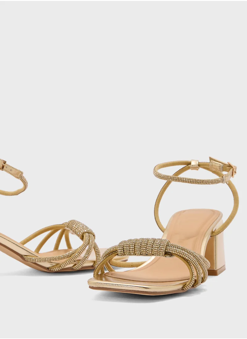 Truffle Diamante Ankle Strap Multi Strap Block Heel Sandal
