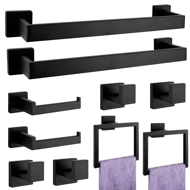 Bathroom Accessories Towel Bar Set 10 Pieces Matte Black Bathroom Hardware Square SUS304 Stainless Steel Wall Mounted Towel RackToilet Paper HolderTowel Ring and Towel Hook