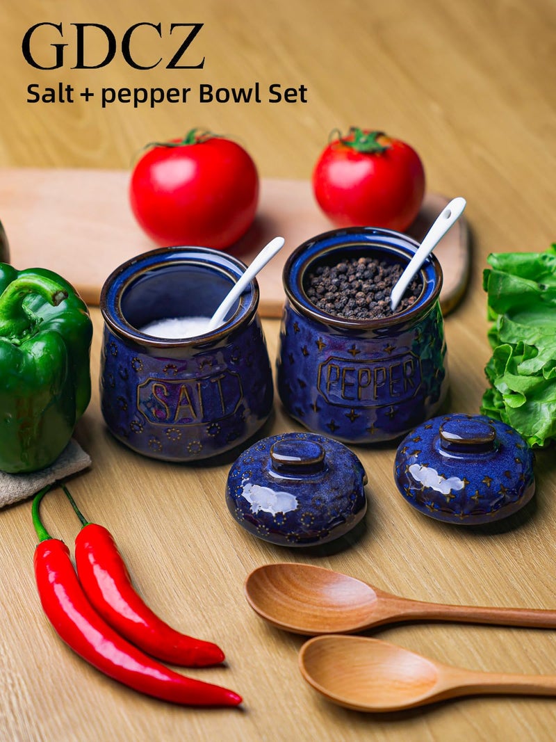 GDCZ 10 Oz Ceramic Salt and Pepper Bowls Set with Lid and Spoons, Seasoning Container, Dishwasher Safe, Set of 2 (Blue) - Image 3