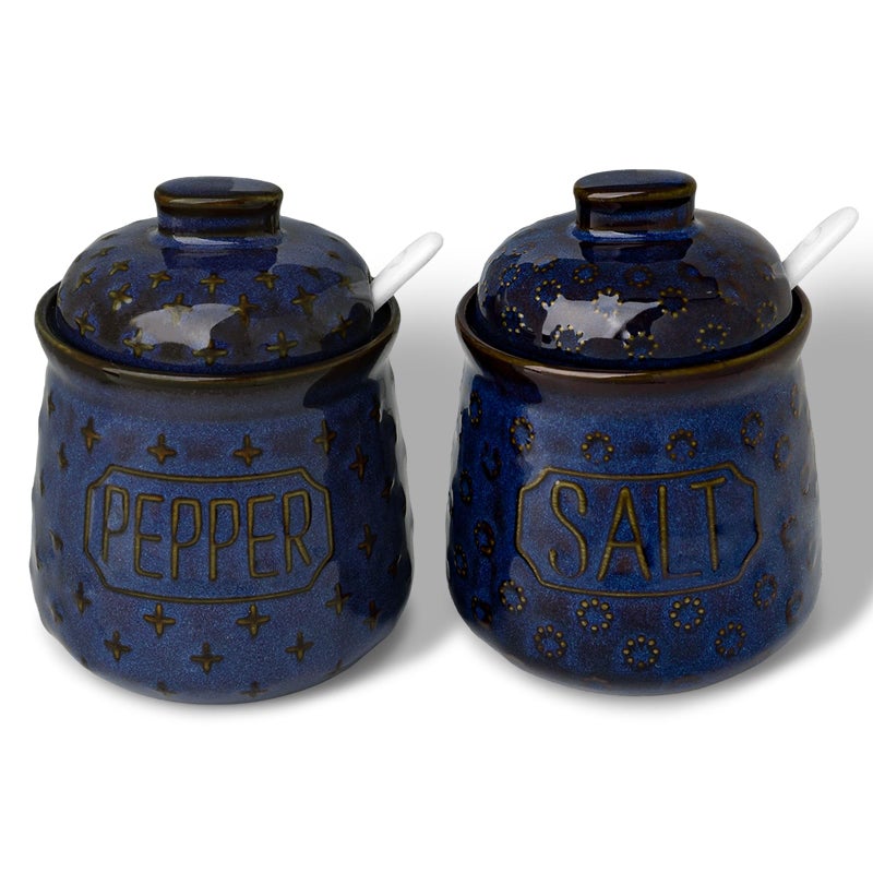 GDCZ 10 Oz Ceramic Salt and Pepper Bowls Set with Lid and Spoons, Seasoning Container, Dishwasher Safe, Set of 2 (Blue) - Image 1