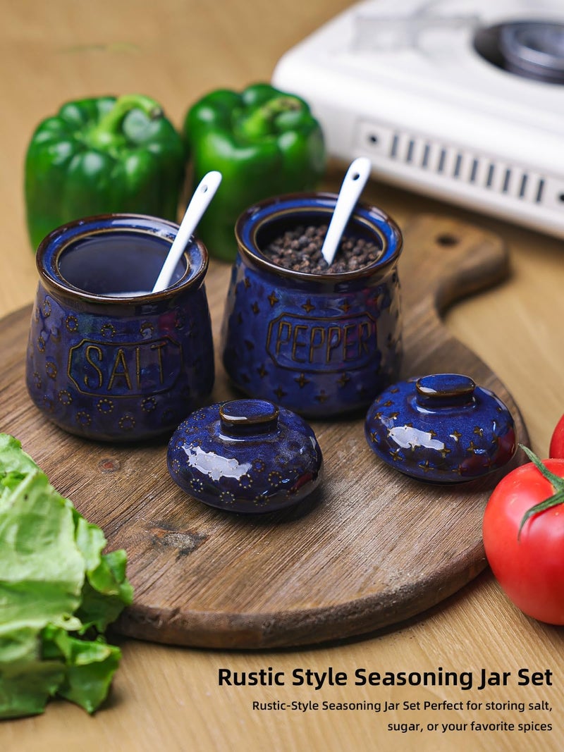 GDCZ 10 Oz Ceramic Salt and Pepper Bowls Set with Lid and Spoons, Seasoning Container, Dishwasher Safe, Set of 2 (Blue) - Image 4