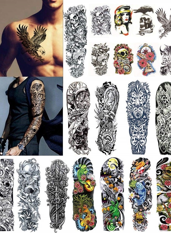 DaLin Temporary Tattoo تاتو مؤقت كبير جداً من دا لين - أكمام تاتو كاملة ونصف للرجال والنساء 20 ورقة - Image 1