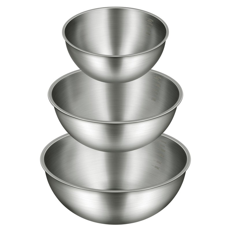 Gronivex 3-Piece Stainless Steel Mixing Bowls Set (17.5",8.7" 9.8" Inches) - Food Grade 304 with Measurement Marks, Dishwasher Safe & Stackable - Perfect for Baking, Salad Making, Meal Prep and Kitchen Use - Image 1