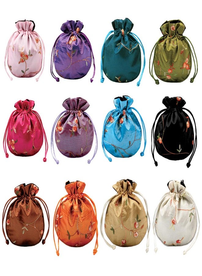kilofly 12 Silk Coin Purse Drawstring Floral Embroidered Jewelry Bag Gift Pouch - Image 1