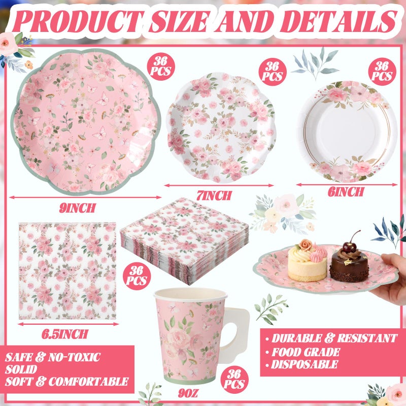Pickmesh 252 Pcs Pink Floral Tea Party Supplies for 36 Guests Pink Floral Paper Disposable Dinnerware Flower Teacups with Handle and Saucers Set for Tea Party Decorations Birthday Wedding - Image 2