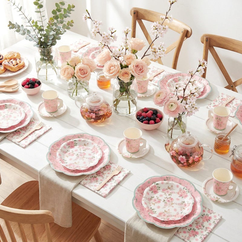 Pickmesh 252 Pcs Pink Floral Tea Party Supplies for 36 Guests Pink Floral Paper Disposable Dinnerware Flower Teacups with Handle and Saucers Set for Tea Party Decorations Birthday Wedding - Image 5