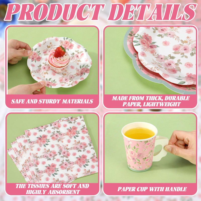 Pickmesh 252 Pcs Pink Floral Tea Party Supplies for 36 Guests Pink Floral Paper Disposable Dinnerware Flower Teacups with Handle and Saucers Set for Tea Party Decorations Birthday Wedding - Image 3