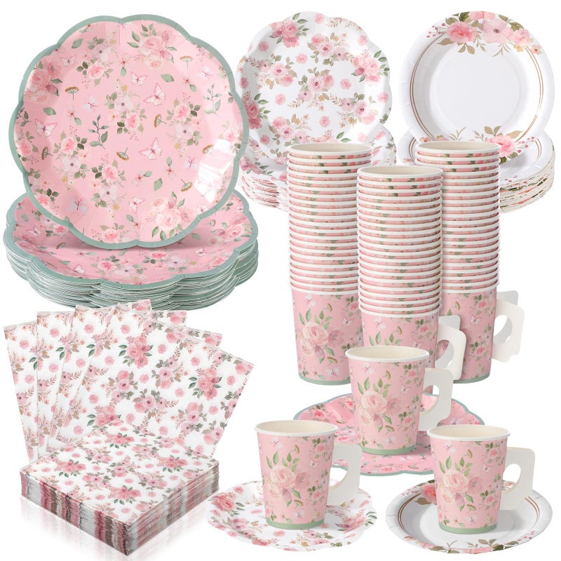 Pickmesh 252 Pcs Pink Floral Tea Party Supplies for 36 Guests Pink Floral Paper Disposable Dinnerware Flower Teacups with Handle and Saucers Set for Tea Party Decorations Birthday Wedding - Image 1