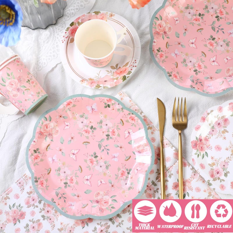 Pickmesh 252 Pcs Pink Floral Tea Party Supplies for 36 Guests Pink Floral Paper Disposable Dinnerware Flower Teacups with Handle and Saucers Set for Tea Party Decorations Birthday Wedding - Image 4