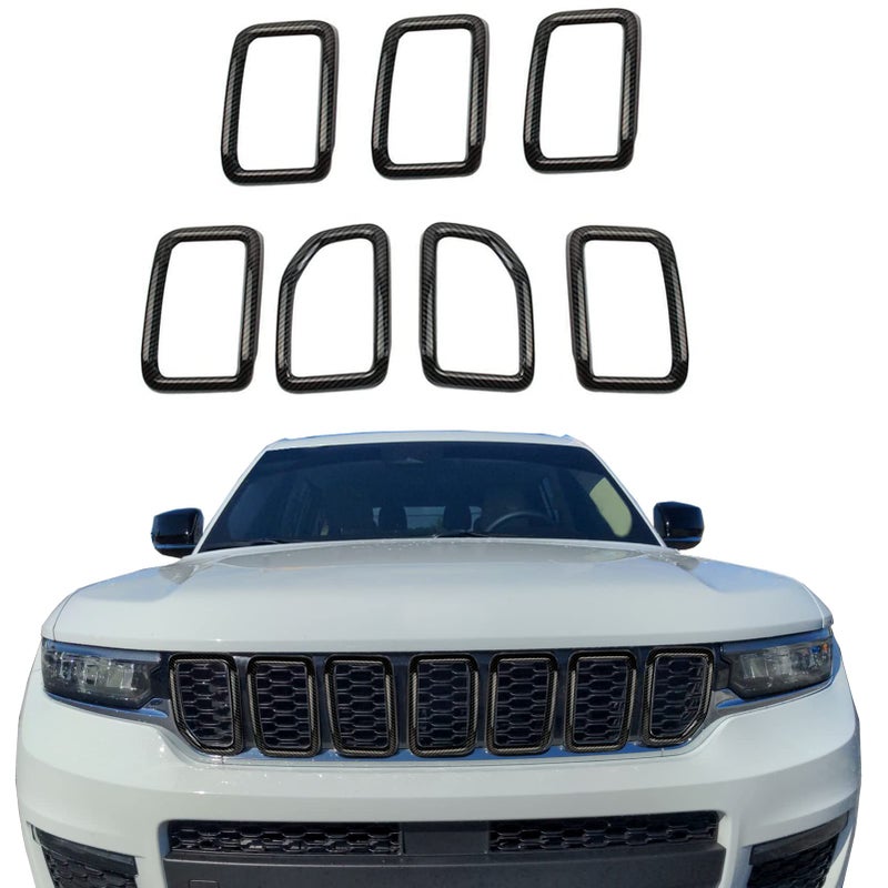 Tocatus Front Grill Mesh Inserts Grille Kit for 2022 2023 2024 Jeep Grand Cherokee for Jeep Grand Cherokee L 2021 2022 2023 2024 ABS Carbon Fiber 7pcs