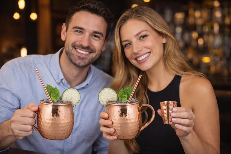 BOLD & DIVINE Moscow Mule Copper Mugs - Set of 2, 100% HANDCRAFTED - Food Safe Pure Copper Solid Mugs - 16 oz Gift Set with Premium Quality Cocktail Straws & Shot Glass! - Image 2