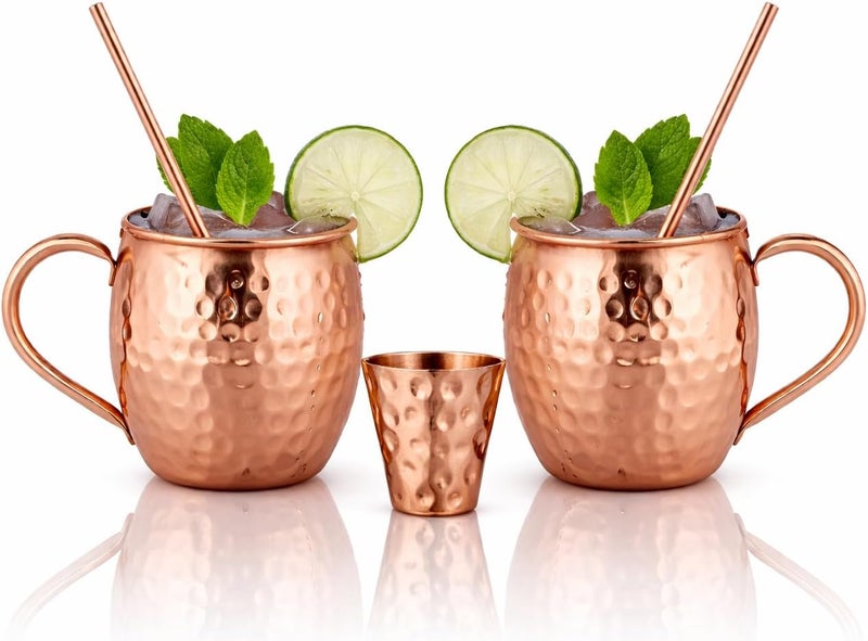 BOLD & DIVINE Moscow Mule Copper Mugs - Set of 2, 100% HANDCRAFTED - Food Safe Pure Copper Solid Mugs - 16 oz Gift Set with Premium Quality Cocktail Straws & Shot Glass! - Image 1