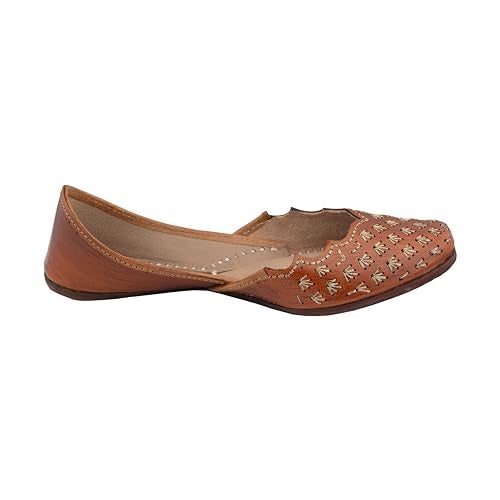 KORAKARI Women's Genuine Leather Traditional Ethnic Zendaya Handmade Punjabi Jutti, Leather Flat Comfortable Mojaris for Girls (Size: UK7, Tan) - Image 3