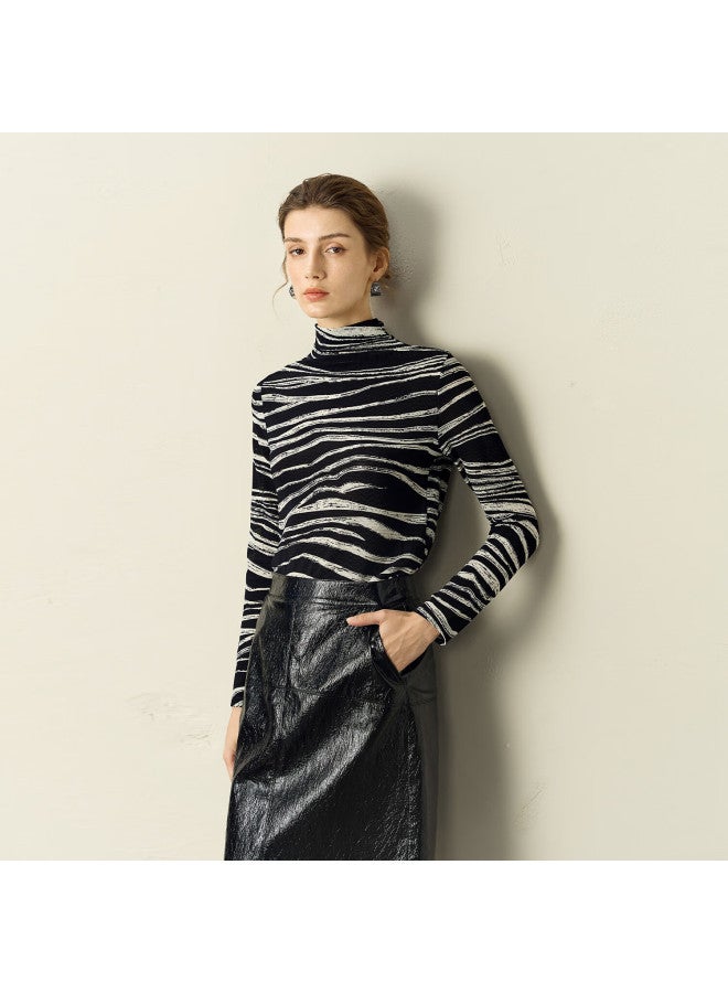 Yanyee Turtleneck Zebra Stripe Knit Sweater Women Autumn Slim Fit Black XL - Image 1