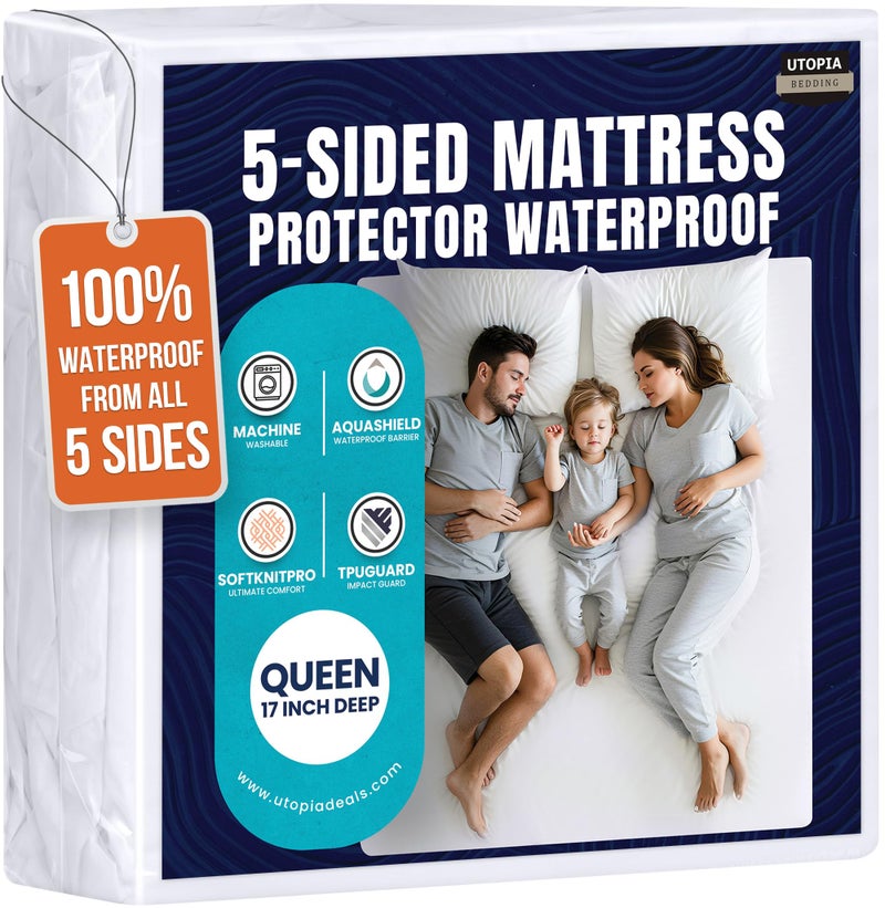 Utopia Bedding Waterproof 5-Sided Mattress Protector Queen Size, Premium Breathable Mattress Cover, Fitted Style with Stretchable Pockets (White) - Image 1