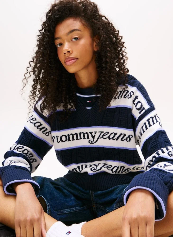 TOMMY JEANS Logo Striped Crew Neck Sweater