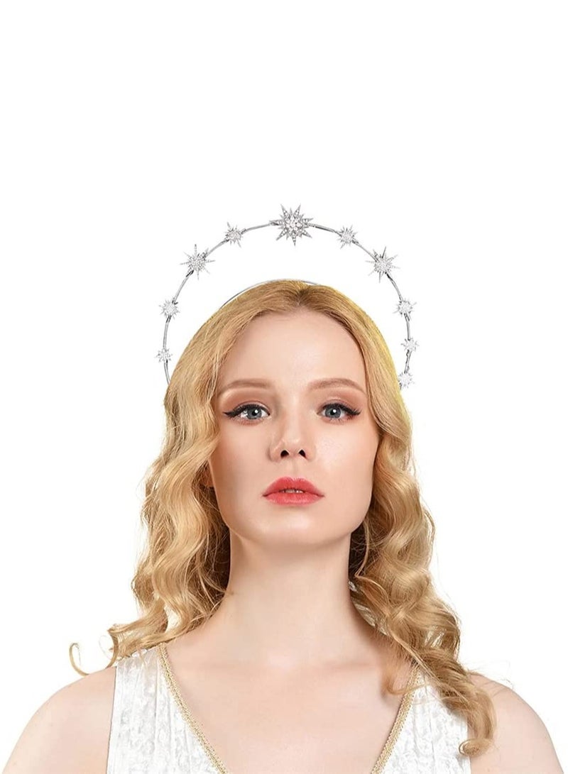إسكدنيا Moon Stars Crown Halo Headband Crystal Tiaras and Crowns With Earrings for Women Bridal Wedding Prom Birthday Cosplay Hair Accessories for Women Girls - Image 2