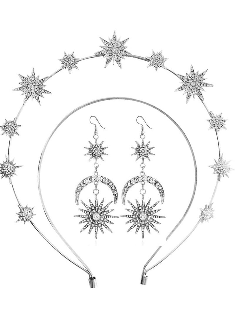 إسكدنيا Moon Stars Crown Halo Headband Crystal Tiaras and Crowns With Earrings for Women Bridal Wedding Prom Birthday Cosplay Hair Accessories for Women Girls - Image 1