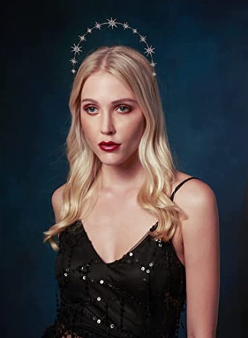 إسكدنيا Moon Stars Crown Halo Headband Crystal Tiaras and Crowns With Earrings for Women Bridal Wedding Prom Birthday Cosplay Hair Accessories for Women Girls - Image 3