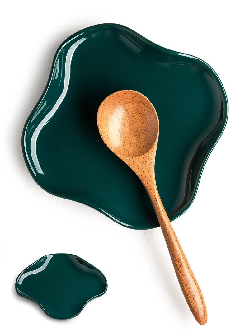 Cormomu Spoon Holder, Ruffled Edge Ceramic Ladle Holder for Stove Top, Modern Kitchen Decor Stove Spoon Holder Cooking Ladle Holder for Multiple Utensils, Christmas Gifts Dark Green - Image 1
