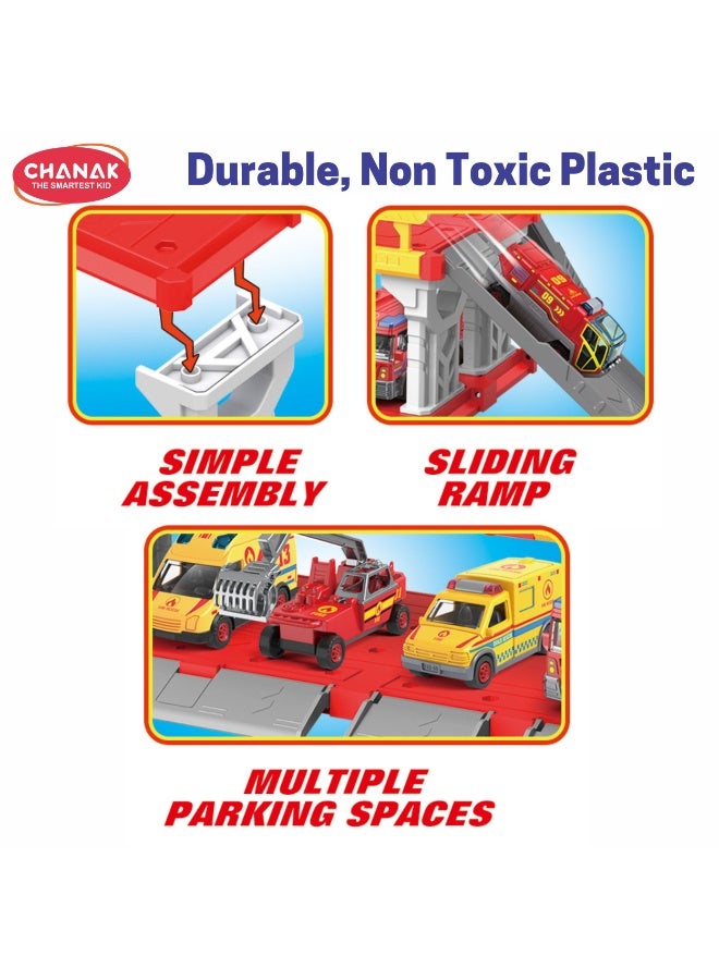Chanak Fire Department 4 In 1 Parking Building Playset For Kids Multi Level Fire Station With Sliding Ramps, 2 Die-Cast Vehicles & Rescue Accessories Easy Assembly Educational Toy For Boys & Girls - Image 5