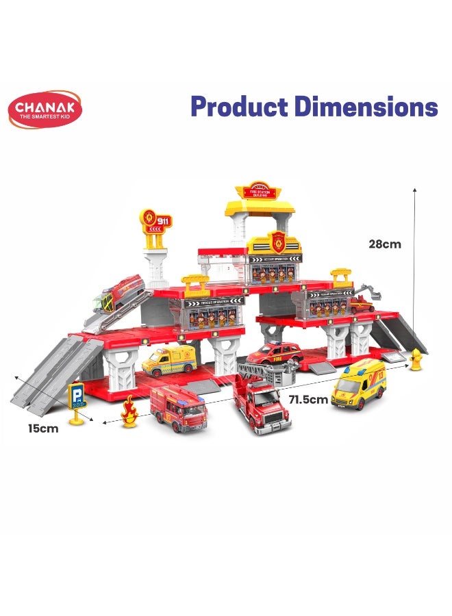 Chanak Fire Department 4 In 1 Parking Building Playset For Kids Multi Level Fire Station With Sliding Ramps, 2 Die-Cast Vehicles & Rescue Accessories Easy Assembly Educational Toy For Boys & Girls - Image 3