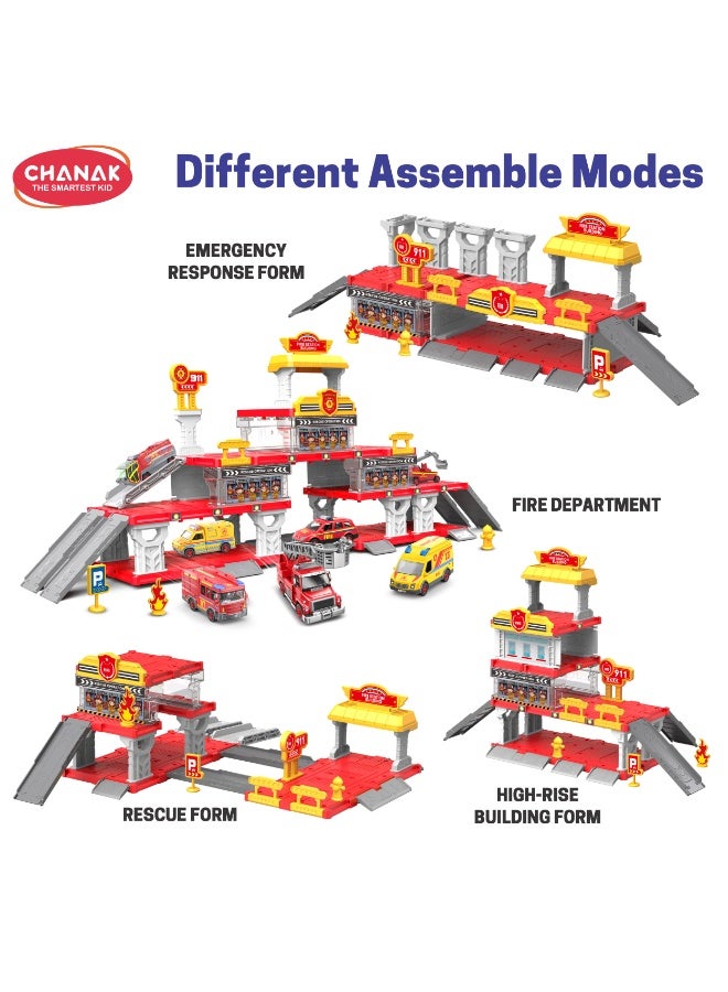 Chanak Fire Department 4 In 1 Parking Building Playset For Kids Multi Level Fire Station With Sliding Ramps, 2 Die-Cast Vehicles & Rescue Accessories Easy Assembly Educational Toy For Boys & Girls - Image 4