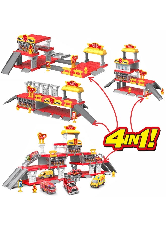 Chanak Fire Department 4 In 1 Parking Building Playset For Kids Multi Level Fire Station With Sliding Ramps, 2 Die-Cast Vehicles & Rescue Accessories Easy Assembly Educational Toy For Boys & Girls - Image 1