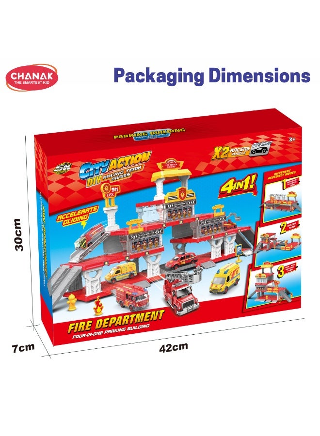 Chanak Fire Department 4 In 1 Parking Building Playset For Kids Multi Level Fire Station With Sliding Ramps, 2 Die-Cast Vehicles & Rescue Accessories Easy Assembly Educational Toy For Boys & Girls - Image 2