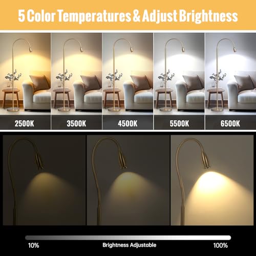 SpeePlant Reading Floor Lamp, 73" Standing Lamp with Dimmable Zoomable LED Spotlight, Adjustable Color Beam and Flexible Gooseneck, Remote & Pedal Control, for Reading Bedroom Crafting (Antique Brass) - Image 3