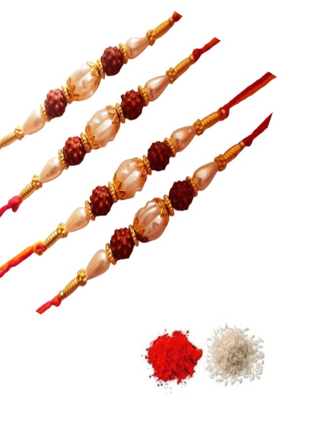 CRAFTOMANIC لؤلؤ فاخر تقليدي، Rudraksh Multi Designer Rakhi للأخ، Raksha Bandhan Rakhi مع Roli TilakPearl Rakhi للرجال والأولاد/مجموعة Dora Rakhi للأخ مع Roli Chawal