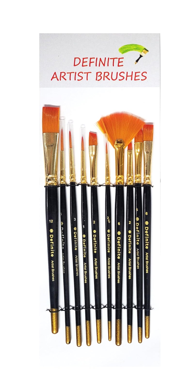 Definite Art Soft Bristles Painting Brushes Medium Handle for Students and Artists (Pack of 10 Mix Brush Set) - Image 1