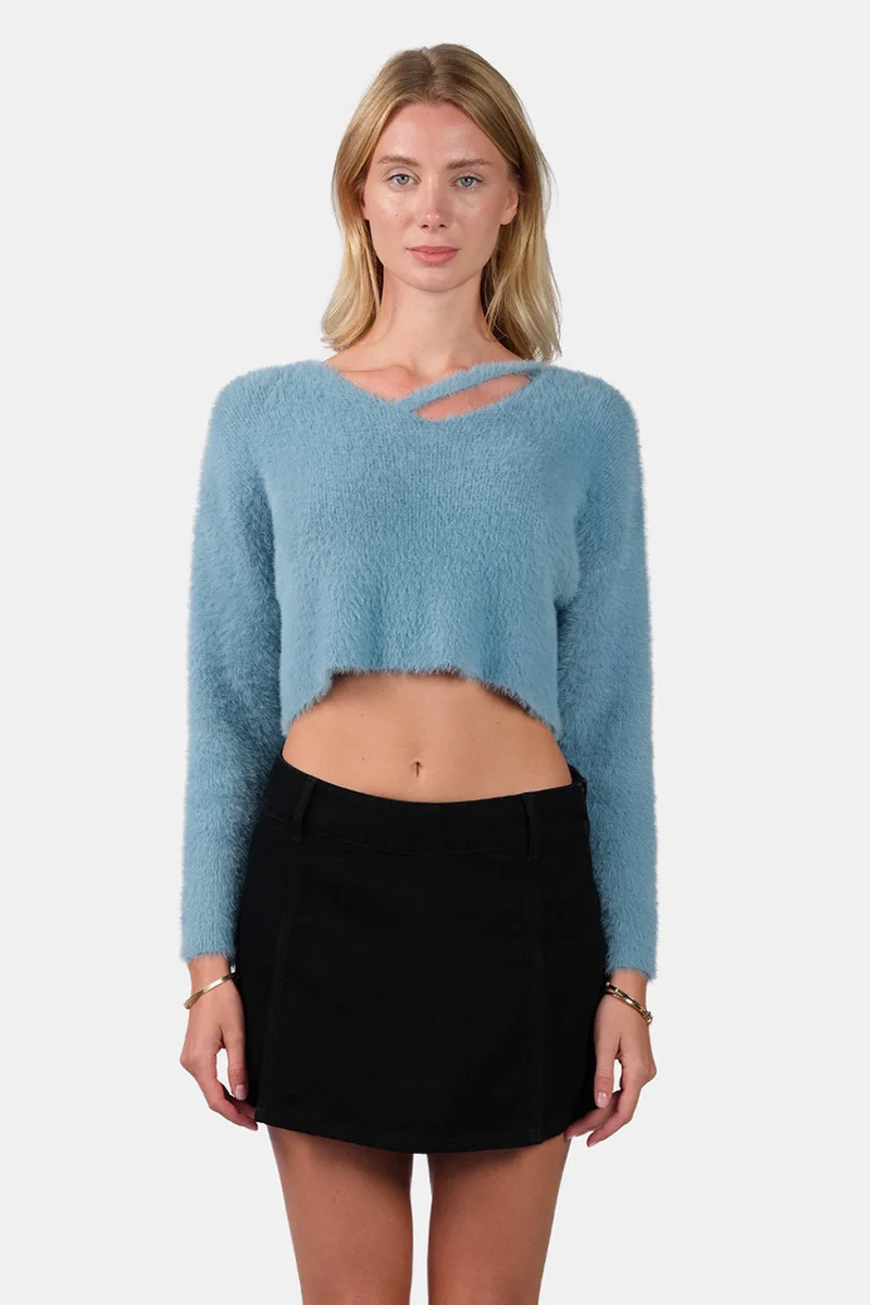 فيرجيو Self Design Viscose V-Neck Buttery Soft Crop Knit Top for Women