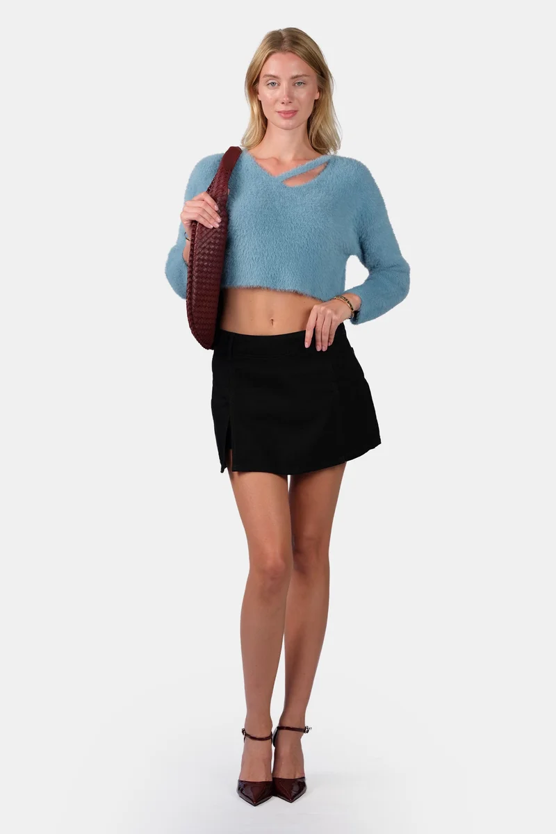 فيرجيو Self Design Viscose V-Neck Buttery Soft Crop Knit Top for Women