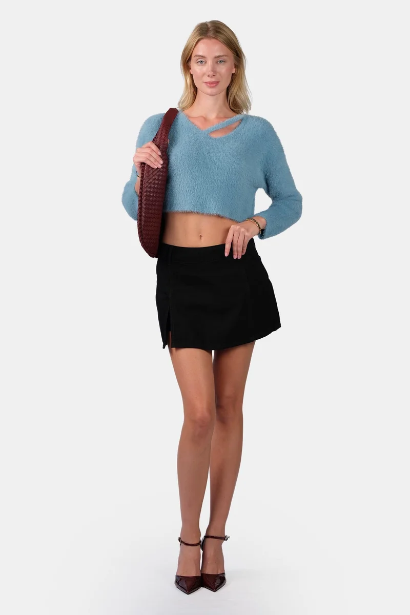 فيرجيو Self Design Viscose V-Neck Buttery Soft Crop Knit Top for Women