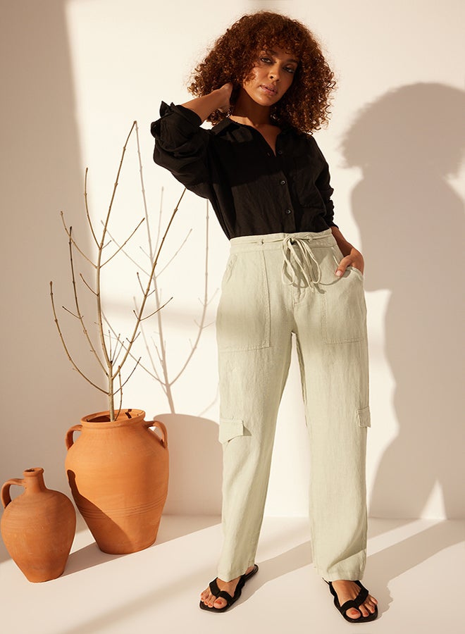 trendyol Gray 100% Linen Pocket Detailed High Waist Straight Trousers TWOSS24JE00244 - Image 1